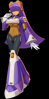 1girl android blunt_bangs breasts covered_navel dark-skinned_female dark_skin female_focus full_body hair_over_eyes headset highres hime_cut layer_(mega_man) long_hair mega_man_(series) mega_man_x8 mega_man_x_(series) mega_man_x_dive microphone mizuno_keisuke mole mole_under_eye navel official_art purple_hair robot_ears solo standing transparent_background underboob very_long_hair