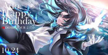 1girl ado_(utaite) black_bow black_bowtie black_coat black_hair black_pants blue_eyes blue_fire blue_flower blue_hair blue_rose bow bowtie chando_(ado) chinese_commentary closed_mouth coat commentary_request dated falling fire floating_hair flower happy_birthday highres long_hair m_(1n910) mole mole_under_eye open_mouth pants rose shirt solo utaite white_shirt