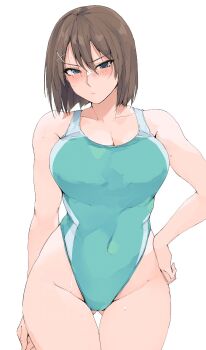 1girl bare_shoulders blue_eyes blue_one-piece_swimsuit blush breasts brown_hair cleavage competition_swimsuit covered_navel cowboy_shot highleg highleg_one-piece_swimsuit highres kantai_collection large_breasts looking_at_viewer maya_(kancolle) one-piece_swimsuit revision solo swimsuit thighs zekkyon