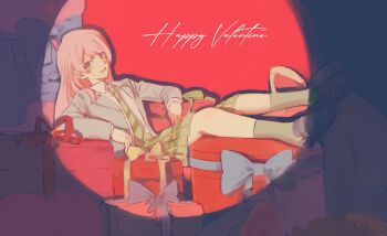 Rule 34 | 1girl, absurdres, bang dream!, bang dream! it's mygo!!!!!, black shoes, chihaya anon, collared shirt, commentary, diagonal-striped clothes, diagonal-striped necktie, fang, geosmichi77, gift, green necktie, green skirt, green socks, grey eyes, grey jacket, haneoka school uniform, happy valentine, highres, jacket, long hair, necktie, open mouth, pink hair, pleated skirt, school uniform, shirt, shoes, skirt, socks, striped clothes, sweatdrop, untranslatable commentary, white shirt