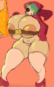 1girl areola_slip belt belt_bra breasts brown_belt full_body green_hair hair_over_one_eye hand_on_own_hip high_heels highres hood hoodie huge_breasts mario_(series) mask navel nintendo orange_background pussy red_hoodie short_hair shy_gal sketch skindentation solo spurhuns thick_thighs thighhighs thighs white_thighhighs