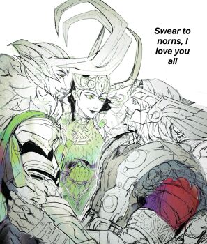 1girl 2boys alternate_form armor beard blue_eyes brother_and_sister brothers cape commentary dual_persona english_text facial_hair fake_horns fur-trimmed_cape fur_trim green_eyes hashtag-only_commentary helmet highres horned_headwear horned_helmet horns lady_loki lilithyhroa lipstick loki_(marvel) long_hair looking_at_another makeup marvel marvel_rivals multiple_boys muscular muscular_male profile siblings sketch spot_color symbol-only_commentary thor_(marvel) thor_(marvel)_(series) valknut_(symbol) white_background winged_headwear