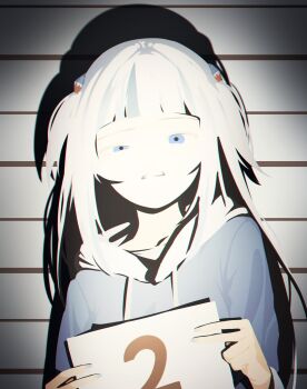 Rule 34 | 1girl, blue eyes, blue hair, blue hoodie, camera flash, commentary, drawstring, english commentary, gawr gura, gawr gura (1st costume), grey hair, hair ornament, half-closed eye, height chart, highres, holding, holding sign, hololive, hololive english, hood, hoodie, long sleeves, looking at viewer, mugshot, multicolored hair, parted lips, shadow, shark hair ornament, sign, solo, standing, streaked hair, upper body, virtual youtuber, yoruny