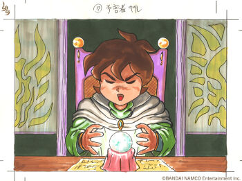 1980s_(style) 1boy brown_hair chair closed_eyes crystal_ball druaga_no_tou gilgamesh_(druaga) male_focus namco official_art oldschool open_mouth retro_artstyle robe shinozaki_yuichiro sitting solo table