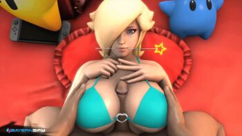 1girl 3d animated animated_gif between_breasts bikini bikini_top_only blonde_hair blue_bikini blue_eyes breasts grabbing_another&#039;s_breast groping hair_over_one_eye large_breasts lips luma_(mario) lying mario_(series) nintendo nintendo_switch o-ring o-ring_top paizuri penis pillow pov rosalina super_mario_bros._1 super_mario_galaxy swimsuit uncensored wand