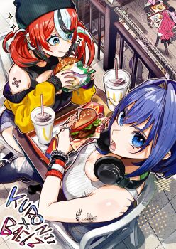 Rule 34 | alternate costume, beanie, black nails, blue eyes, blue hair, breasts, burger, ceres fauna, cleavage, cup, denim, disposable cup, ear piercing, food, french fries, hakos baelz, hat, headphones, highres, holding, holding burger, holding food, hololive, hololive english, horns, iris (tb33064667), irys (hololive), jacket, jeans, jewelry, licking lips, mcdonald's, mori calliope, nanashi mumei, ninomae ina'nis, ouro kronii, pants, piercing, pink hair, railing, red hair, red nails, ring, shoulder tattoo, tank top, tattoo, tongue, tongue out, twintails, virtual youtuber, white tank top, wristband, yellow jacket