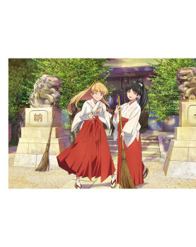 2girls artbook black_hair blonde_hair broom full_body green_eyes hairband hakama hakama_skirt hazuki_ren heanna_sumire highres holding holding_broom japanese_clothes long_hair looking_at_viewer love_live! love_live!_superstar!! miko multiple_girls non-web_source official_art one_eye_closed ponytail red_hakama sandals shrine skirt smile stairs statue stone_lantern tabi tree wide_sleeves yellow_eyes