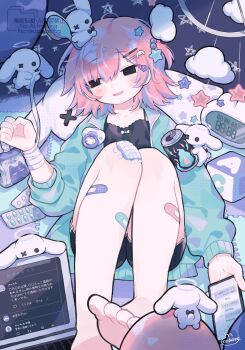 1girl absurdres alarm_clock aqua_jacket bandaged_wrist bandages bandaid bandaid_on_leg barefoot black_eyes blister_pack can cellphone clock commentary computer cotono_(nazekun) drink_can hair_ornament hairpin highres holding holding_phone implied_self-harm jacket laptop lying on_back open_clothes open_jacket original parted_lips phone pill pink_hair rabbit smartphone soda_can solo tears track_jacket translation_request watermark