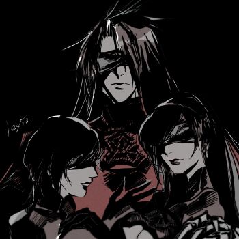 10h_(nier_reincarnation) 10h_(nier_reincarnation)_(cosplay) 1girl 2b_(nier:automata) 2b_(nier:automata)_(cosplay) 2boys black_background black_dress black_hair black_lips blindfold breasts cleavage cleavage_cutout closed_mouth clothing_cutout commentary_request cosplay dress earrings final_fantasy final_fantasy_vii final_fantasy_vii:_ever_crisis hey53orz highres jewelry large_breasts lips long_hair multiple_boys nier:automata nier_(series) nier_reincarnation official_alternate_costume short_hair single_earring tifa_lockhart turtleneck turtleneck_dress upper_body vincent_valentine yuffie_kisaragi