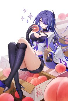 1girl absurdres acheron_(honkai:_star_rail) asymmetrical_footwear black_choker black_gloves black_shorts boots box breasts cardboard_box chain choker cleavage coat coattails commentary detached_sleeves food fruit gloves hair_over_one_eye hand_up highres holding holding_food holding_fruit honkai:_star_rail honkai_(series) knees_up leg_tattoo long_hair midriff multicolored_hair navel on_box peach purple_eyes purple_hair scabbard sheath sheathed short_shorts shorts single_bare_shoulder sinonomemikann sitting sitting_on_box sitting_on_object solo sparkle stomach streaked_hair sword tattoo thigh_boots weapon white_coat