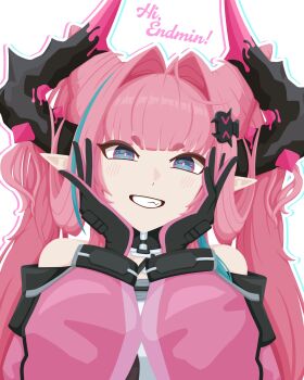 Rule 34 | 1girl, absurdres, arknights, arknights: endfield, bare shoulders, black gloves, blue eyes, blue hair, blush, breasts, commentary, dragon girl, dragon horns, english commentary, gloves, gribberoni, hair ornament, hairclip, highres, horns, large breasts, long hair, looking at viewer, multicolored gloves, pink gloves, pink hair, pointy ears, smile, two-tone gloves, yvonne (arknights)