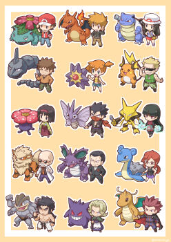 Rule 34 | agatha (pokemon), alakazam, arcanine, asymmetrical hair, bald, black hair, blaine (pokemon), blastoise, blonde hair, blue oak, brock (pokemon), brown hair, bruno (pokemon), charizard, closed eyes, denim, denim shorts, dragonite, erika (pokemon), fushigi ebi, gen 1 pokemon, gengar, giovanni (pokemon), gym leader, highres, koga (pokemon), lance (pokemon), lapras, leaf (pokemon), long hair, lorelei (pokemon), machamp, misty (pokemon), multiple boys, multiple girls, muscular, nintendo, onix, pokemon, pokemon (anime), pokemon (classic anime), pokemon frlg, pokemon hgss, pokemon lgpe, ponytail, purple hair, raichu, red (pokemon), sabrina (pokemon), shirt, short hair, shorts, side ponytail, smile, starmie, surge (pokemon), venomoth, venusaur, vileplume, white shirt
