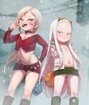 2girls absurdres animal_print arianna_seya(born-to-die) arms_behind_back black_panties blonde_hair blue_eyes born-to-die candy choker closed_mouth commentary cosplay english_commentary fang feet_out_of_frame female_focus flat_chest food forehead green_skirt hand_on_own_hip heather_mason heather_mason_(cosplay) highres holding holding_candy holding_food holding_lollipop jacket leopard_print loli lollipop long_hair long_sleeves looking_at_viewer maria_(silent_hill) maria_(silent_hill)_(cosplay) microskirt midriff multiple_girls navel open_clothes open_jacket open_mouth orange_eyes original panties pencil_skirt pink_choker pink_panties pink_skirt red_shirt shirt silent_hill_(series) silent_hill_2 silent_hill_3 skirt sleeveless smile snow standing stomach teeth tongue underwear very_long_hair white_jacket