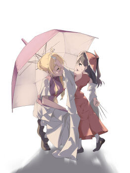 2girls aged_down between_fingers blonde_hair bow brown_hair brown_shoes child commentary_request detached_sleeves dress frilled_bow frills hair_bow hair_bun hakurei_reimu headpat highres holding long_hair multiple_girls needle needles_between_fingers no_headwear ofuda ofuda_between_fingers purple_tabard red_bow red_skirt shoes simple_background skirt skirt_set socks squatting sutego_(pixiv_122978111) sweatdrop tabard throwing_needles touhou umbrella white_background white_dress white_socks yakumo_yukari