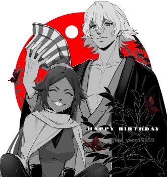 1boy 1girl artist_name beard_stubble bleach bucket_hat commentary_request facial_hair grin happy happy_birthday hat highres marugao_(htcf2334) shihouin_yoruichi signature smile striped_clothes striped_hat striped_headwear stubble urahara_kisuke