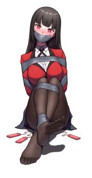 1girl bdsm black_hair black_pantyhose blunt_bangs bondage bound duct_tape gag gbeeee heart heart-shaped_pupils heart_in_eye highres improvised_gag jabami_yumeko kakegurui long_hair looking_at_viewer pantyhose red_eyes restrained sex_toy shibari sitting solo symbol-shaped_pupils symbol_in_eye tape tape_bondage tape_gag vibrator white_background