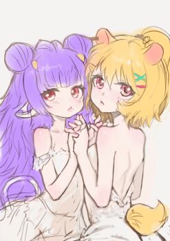2girls animal_ears bare_shoulders blush cow_ears cow_tail double_bun dress eimi_isami hair_bun hamster_ears hamster_tail holding_hands horns mole multiple_girls muu_muyu orange_hair phase_connect pink_eyes purple_hair red_eyes shoulder_blades sussynano tail virtual_youtuber yuri