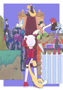 2girls 4boys black_cape black_hair black_vest border brown_hair bruno_(pokemon) cape crobat dragonite dunsparce facing_away gen_1_pokemon gen_2_pokemon hanging_from_tree hat highres holding holding_pokemon holding_saw houndoom karen_(pokemon) kicking koga_(pokemon) kotokiyou lance_(pokemon) long_sleeves looking_up lyra_(pokemon) machamp multiple_boys multiple_girls nintendo pokemon pokemon_(creature) pokemon_hgss ponytail purple_hair red_shirt sandbag shirt stairs tailcoat topless_male tree vest white_border white_hat will_(pokemon) xatu