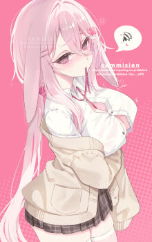 1girl @_@ animal_ears arm_under_breasts blush breasts brown_cardigan button_gap cardigan cleavage collared_shirt hair_between_eyes hair_ornament hairclip highres large_breasts long_hair long_sleeves looking_at_viewer mouth_hold open_clothes original partially_unbuttoned pink_background pink_eyes pink_hair pink_ribbon plaid_clothes plaid_skirt pleated_skirt rabbit_ears rabbit_girl ribbon ribbon_in_mouth shirt skirt sleeves_past_wrists solo spoken_squiggle squiggle thighhighs very_long_hair white_shirt white_thighhighs yu_o015