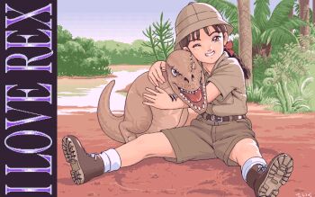 Rule 34 | 1990s (style), 1girl, animal, animal hug, ankle boots, archived source, artist name, belt, blue sky, boots, bow, braid, brown belt, brown boots, brown eyes, brown hair, brown hat, brown shirt, brown shorts, commentary request, dirt, dirt floor, dithering, full body, grin, hair bow, hat, headwear request, hug, lace-up boots, looking at viewer, low twin braids, on floor, one eye closed, original, outdoors, pc-98 (style), pixel art, plant, red bow, retro artstyle, shirt, short sleeves, shorts, signature, sitting, sky, smile, socks, solo, spread legs, teeth, teiku (take), title, tree, twin braids, tyrannosaurus rex, undersized animal, vegetation, water, white socks