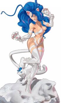 1girl animal_ears animal_hands bare_shoulders blue_eyes blue_hair breasts cat cat_ears cat_tail darkstalkers felicia_(cat)_(darkstalkers) felicia_(darkstalkers) lips long_hair medium_breasts rock soefara tail very_long_hair white_fur