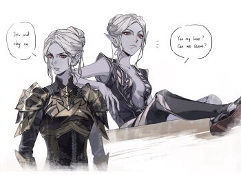 Rule 34 | 1girl, armor, baldur's gate, baldur's gate 3, breasts, center opening, colored skin, dark elf, dungeons & dragons, dungeons &amp; dragons, elf, english text, grey hair, hair bun, hashtag-only commentary, highres, medium breasts, minthara, pauldrons, pointy ears, purple skin, red eyes, short hair, shoulder armor, single hair bun, smile, solo, speech bubble, white background, zuosha