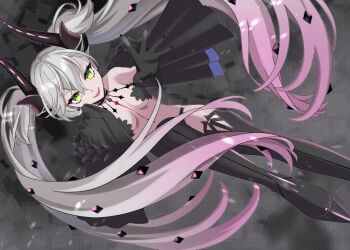 1girl black_cloak black_hands black_panties black_thighhighs body_markings breasts choker cloak colored_extremities commentary_request crossed_bangs demon_girl demon_horns demon_wings ear_piercing fate/grand_order fate_(series) green_eyes grey_hair hair_between_eyes horns lilith_(fate) lilith_(second_ascension)_(fate) long_hair looking_at_viewer medium_breasts open_mouth outstretched_arm panties piercing pointy_ears sakura_kaoru_04 smile solo thighhighs thighs twintails underwear very_long_hair wings