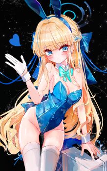 1girl a1u absurdres animal_ears blonde_hair blue_archive blue_eyes blue_halo blue_leotard bow bowtie breasts cleavage commentary detached_collar fake_animal_ears halo highres leotard long_hair medium_breasts official_alternate_costume playboy_bunny rabbit_ears solo strapless strapless_leotard thighhighs toki_(blue_archive) toki_(bunny)_(blue_archive) white_thighhighs wrist_cuffs