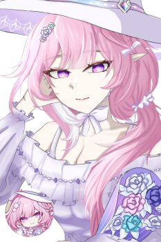 1girl bare_shoulders breasts cleavage cyrene_(honkai:_star_rail) cyrene_(ripples_of_past_reverie)_(honkai:_star_rail) diamond-shaped_pupils diamond_(shape) dress hashtag-only_commentary hat highres honkai:_star_rail honkai_(series) large_breasts long_hair looking_at_viewer multicolored_hair official_alternate_costume pink_hair pointy_ears purple_eyes reference_inset simple_background solo symbol-shaped_pupils two-tone_hair uyuillust very_long_hair white_background white_dress white_hair white_hat