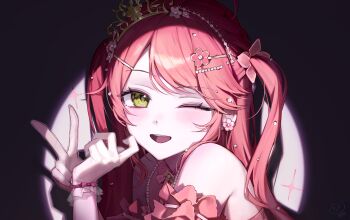 1girl bare_shoulders blush commentary dress earrings english_commentary flower_earrings gloves green_eyes hair_ornament hairclip highres hololive jewelry long_hair looking_at_viewer myao_(myaodayone) one_eye_closed open_mouth pink_dress pink_hair sakura_miko sakura_miko_(flower_fantasista!) smile solo teeth tiara two_side_up upper_teeth_only v virtual_youtuber white_gloves
