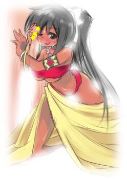 1boy 1girl armlet atlus bandeau bandeau_bikini bikini black_hair blush breasts censored cleavage clothed_male_nude_male cum cum_on_body curvy dark-skinned_female dark_skin earrings etrian_odyssey facial grey_eyes handjob hetero highleg highleg_swimsuit highres jewelry kneeling large_breasts legs long_hair looking_at_viewer naughty_face navel necklace nude one_eye_closed ootsuki_ren penis penis_grab penis_on_cheek penis_on_face ponytail sarong shilleka smile snuggling swimsuit thighs thong_bikini tribal underboob wink