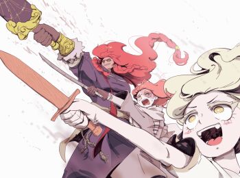 1280x720 1girl 2boys blonde_hair brother_and_sister elden_ring gloves highres long_hair malenia_blade_of_miquella miquella_(elden_ring) multiple_boys open_mouth outstretched_arms red_hair siblings starscourge_radahn sword weapon wooden_sword yellow_eyes