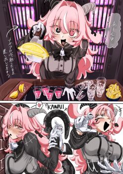 1girl 1other against_wall animal_ears bar_(place) black_bow black_bowtie black_eyes black_sleeves bow bowtie breasts commentary_request cup drinking_glass femme_soule food fruit gloves goat_ears goat_horns grey_shirt highres holding holding_another's_wrists holding_knife horns knife large_breasts laughing lemon lemon_slice looking_at_viewer multiple_views murderdoll1641 open_mouth pink_eyes pink_hair pinned pointing pointing_at_viewer pukey_goddess_shot_trick pushing shirt shot_glass smile speech_bubble table white_gloves