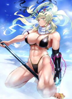 Rule 34 | 1girl, bare shoulders, barghest (fate), barghest (ice warrior) (fate), blonde hair, breasts, cleavage, fairy knight gawain (ice warrior) (fate), fate/grand order, fate (series), gauntlets, green eyes, heterochromia, highres, horns, large breasts, long hair, looking at viewer, miyamoto satoru, orion (bear) (fate), red eyes, revealing clothes, solo, thighs