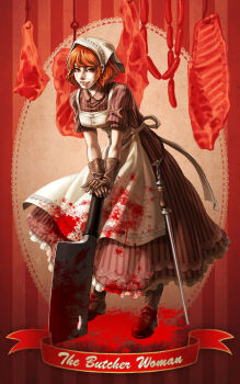 1girl apron arm_support bad_id bad_pixiv_id blood blood_on_clothes boots cleaver dress english_text female_focus food full_body gloves headscarf highres hook lace lace-trimmed_dress lace_trim leaning_forward lips looking_at_viewer meat orange_eyes orange_hair original sausage solo standing striped_clothes striped_dress tanagawa_makoto vampire vertical-striped_clothes vertical-striped_dress white_headscarf