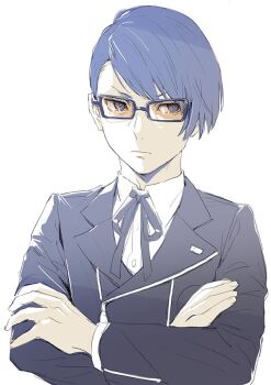 Rule 34 | 1boy, black-framed eyewear, black jacket, black ribbon, blue hair, closed mouth, collared shirt, commentary request, crossed arms, dark blue hair, gekkoukan high school uniform, isa (peien516), jacket, lapels, layered sleeves, long sleeves, looking to the side, male focus, neck ribbon, persona, persona 3, rectangular eyewear, ribbon, school uniform, shirato jin, shirt, simple background, solo, swept bangs, tinted eyewear, upper body, v-shaped eyebrows, white background, white shirt, wing collar, yellow-tinted eyewear