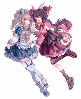 Rule 34 | 2girls, alternate costume, alternate hairstyle, animal ear hairband, animal ears, aria (discordant note) (zenless zone zero), aria (zenless zone zero), aria (zenless zone zero) (cosplay), bare shoulders, bell, black bridal gauntlets, black choker, black dress, black garter straps, black hair, black wings, blue eyes, bonnet, bow, breasts, bridal gauntlets, brown hair, cat ear hairband, cat ears, choker, closed eyes, closed mouth, clothes lift, columbina (genshin impact), commentary, cosplay, dress, dress lift, english commentary, fake animal ears, frills, garter straps, genshin impact, hair bow, hair ornament, hair ribbon, hairband, head wings, headdress, highres, liuyun (liuyun73492), long hair, maid, maid headdress, multicolored hair, multiple girls, multiple wings, neck bell, official alternate costume, open mouth, purple hair, purple streaks, quad tails, ribbon, sandrone (genshin impact), short hair with long locks, simple background, single thighhigh, skull ornament, smile, streaked hair, sunna (afternoon tea break) (zenless zone zero), sunna (zenless zone zero), sunna (zenless zone zero) (cosplay), thighhighs, triangle hair ornament, twintails, two-tone hair, white background, white dress, white headdress, white wings, wing hair ornament, wings, zenless zone zero