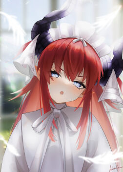 1girl ashencrow blue_eyes blush breasts curled_horns dragon_horns dress elizabeth_bathory_(avenger)_(fate) elizabeth_bathory_(fate) fate/grand_order fate_(series) hair_ribbon highres horns long_hair long_sleeves looking_at_viewer open_mouth red_hair ribbon small_breasts solo two_side_up veil white_dress