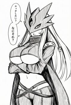 1girl ? aaki86sp beelstarmon breasts commentary_request confused digimon digimon_(creature) highres large_breasts long_hair mask monochrome navel no_bra simple_background solo solo_focus standing third_eye translated underboob
