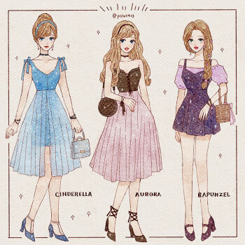 3girls alternate_costume animification aurora_(disney) blonde_hair blue_dress blue_eyes choker cinderella_(disney_character) cinderella_(disney_movie) disney disney_princess dress earrings full_body hair_bun hairband jewelry long_hair looking_at_viewer makeup multiple_girls peilu_(pslu0423) rapunzel_(disney) short_hair simple_background sleeping_beauty_(disney) smile tangled