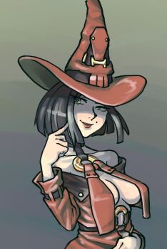 Rule 34 | 1girl, bare shoulders, belt, black hair, breasts, buckle, choker, cleavage, collarbone, commentary, green eyes, guilty gear, guilty gear xx, hat, i-no, jacket, looking to the side, medium breasts, mole, mole above mouth, mole under eye, multicolored eyes, piku184, red hat, red jacket, red lips, short hair, simple background, smile, solo, witch hat
