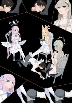 1boy 3girls all_fours animal_ears black_pantyhose blonde_hair blue_archive book brown_hair capelet chair closed_mouth crossed_legs cup dress feet femdom flower foot_on_another&#039;s_back footjob footjob_over_clothes fox_ears fox_girl fox_tail hair_bun hair_flower hair_ornament halo hetero highres holding holding_book holding_cup licking licking_foot long_hair mika_(blue_archive) multiple_girls nagisa_(blue_archive) no_shoes on_chair open_book pantyhose pink_hair seia_(blue_archive) shoes single_side_bun sitting solom_games tail tea_party_(blue_archive) unworn_shoes white_capelet white_dress white_flower white_pantyhose white_wings wings yellow_halo