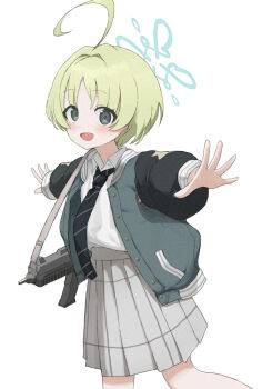 1girl ahoge arx-160 assault_rifle black_necktie blue_archive blush collared_shirt commentary_request diagonal-striped_clothes diagonal-striped_necktie green_eyes green_hair grey_jacket grey_skirt gun halo highres huge_ahoge jacket long_sleeves looking_at_viewer mos_(m_gespannt) necktie open_clothes open_jacket open_mouth outstretched_arms rifle ritsu_(blue_archive) shirt short_hair simple_background skirt solo standing striped_clothes upper_body weapon white_background white_shirt