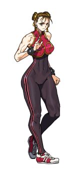 Rule 34 | abs, alternate costume, bodysuit, braid, braided bun, brown hair, capcom, chun-li, earrings, hair bun, highres, iggler, jewelry, pink trim, red bodysuit, red footwear, red vest, serious, shoes, sleeveless, sneakers, street fighter, street fighter alpha, striped clothes, toned, toned female, twin braids, vest, white background, wrist cuffs