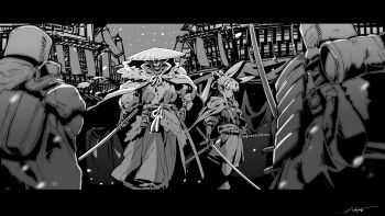 1girl 3boys absurdres ajirogasa andojing animal_ears architecture arm_guards armor bow building cape east_asian_architecture fur-trimmed_hood fur_trim greyscale hair_bow hat highres holding holding_sword holding_weapon hood hood_down hooded_cape japanese_armor japanese_clothes katana kimono letterboxed long_hair mask monochrome multiple_boys original outdoors ponytail rabbit_ears roningasa shoulder_armor signature snowing sode sword weapon wind