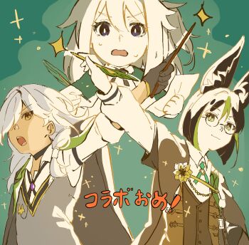 1girl 2boys animal_ear_fluff animal_ears black_hair cyno_(duolingo)_(genshin_impact) cyno_(genshin_impact) dark-skinned_male dark_skin fox_boy fox_ears genshin_impact green_hair hair_between_eyes hair_ornament hair_over_one_eye halo highres long_hair looking_at_viewer multicolored_hair multiple_boys open_mouth paimon_(duolingo)_(genshin_impact) paimon_(genshin_impact) red_eyes short_hair solo tighnari_(duolingo)_(genshin_impact) tighnari_(genshin_impact) white_hair