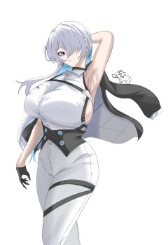 Rule 34 | 1girl, absurdres, armpits, blue eyes, blue hair, breasts, brid (nikke), brid (silent track) (nikke), chest harness, colored inner hair, corset, ddop (gfga7577), dorothy (nikke), goddess of victory: nikke, grey hair, harness, highres, jacket, jacket on shoulders, large breasts, multicolored hair, pants, sideless shirt, simple background, solo, tight clothes, tight pants, white background, white pants