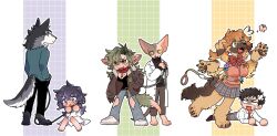 Rule 34 | 3boys, 3girls, ahoge, animal collar, animal ears, animal feet, animal hands, bandaid, bandaid on head, barefoot, black hair, black shirt, black sweater, blank eyes, blue shirt, blush, body fur, brown eyes, brown fur, brown hair, brown jacket, brown pants, bug, butterfly, cat boy, cat ears, cat tail, chain, chain leash, chasing, chest harness, claws, closed mouth, coat, collar, collared coat, colored sclera, commentary request, deformed, denim, dog ears, dog girl, dog tail, dress, fangs, floppy ears, full body, fur-trimmed jacket, fur trim, furry, furry female, furry male, green eyes, green hair, grey background, grey eyes, grey fur, grey skirt, grid background, hand in pocket, hands in pockets, hands up, harness, heart, heart ahoge, highres, holding, holding leash, insect, jacket, jeans, leash, long hair, long sleeves, looking at another, looking at viewer, looking back, lying, multicolored hair, multiple boys, multiple girls, on stomach, open mouth, original, pants, plaid, plaid skirt, purple background, purple hair, rata (norahasu), red collar, running, school uniform, shirt, shoes, short hair, short sleeves, sitting, skirt, slit pupils, sneakers, sphinx, spiked collar, spikes, standing, streaked hair, sweater, tail, torn clothes, torn jeans, torn pants, turtleneck, turtleneck sweater, very short hair, werewolf, white background, white coat, white dress, white footwear, wolf boy, wolf ears, wolf tail, yellow background, yellow eyes, yellow sclera
