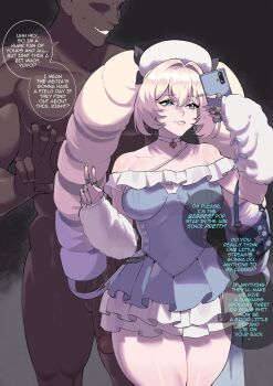 1boy 1girl absurdres blonde_hair blue_dress blue_eyes choker clothed_female_nude_male commentary dark-skinned_male dark_skin dress drill_hair english_commentary english_text flaccid goddess_of_victory:_nikke guttsuko hat hetero highres holding holding_phone imminent_penetration interracial jewelry long_hair nude penis phone ring speech_bubble twin_drills v very_dark_skin white_choker white_hat yoyo_(nikke)