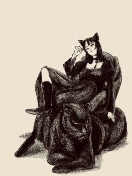 Rule 34 | 1girl, animal, animal ears, armchair, black dress, black outline, cat ears, chair, dress, full body, greyscale, highres, leotard, long hair, monochrome, original, outline, petting, solo, tp p pt